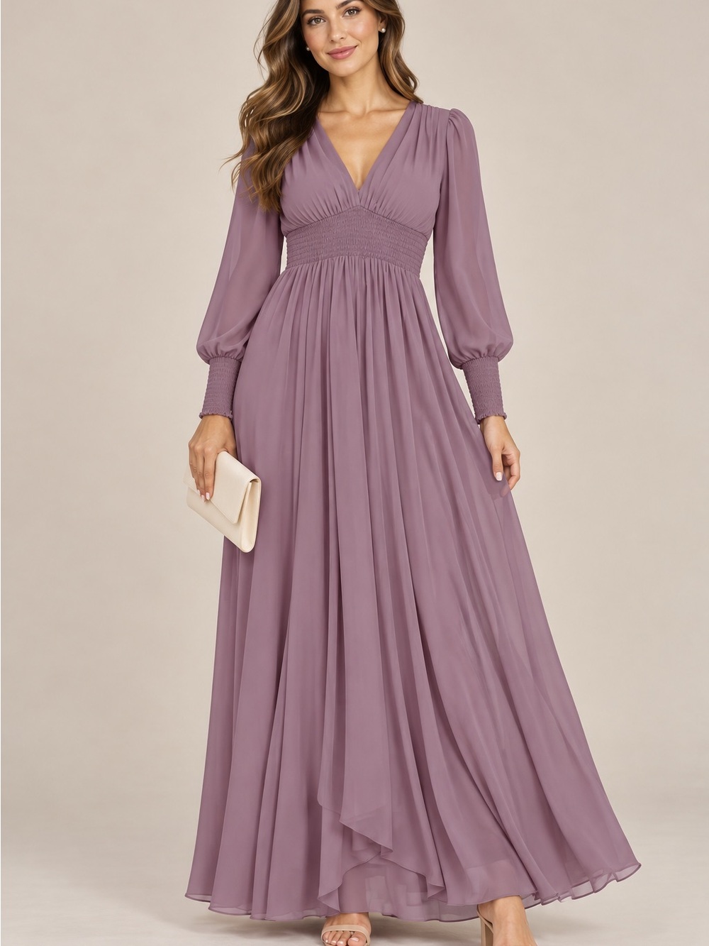Baltic Born Mauve V-Neck Smocked Waist Maxi Dress
